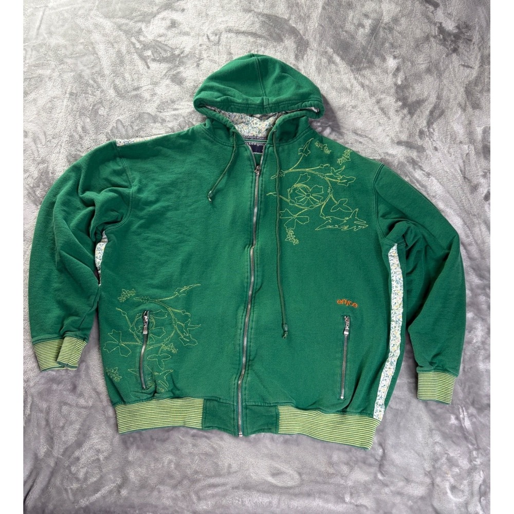 Vtg Y2K 90's Enyce Co. Mens Full-zip Hooded Sweatshirt 3XL Green AOP Graphic